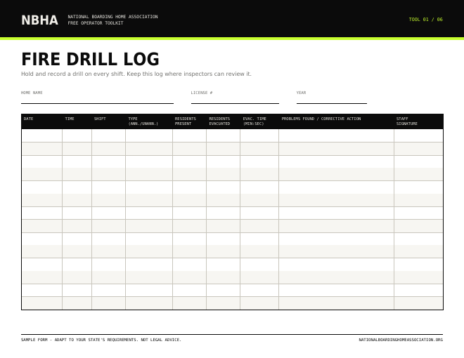 Preview of the Fire drill log form