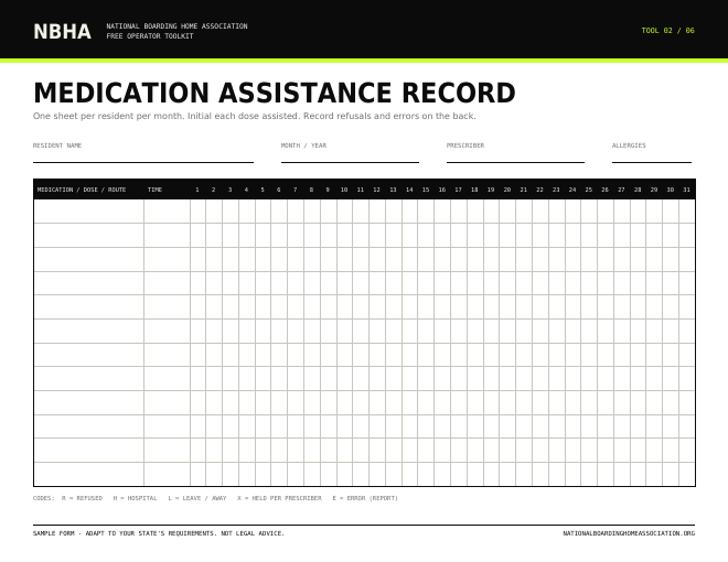 Preview of the Medication assistance record form