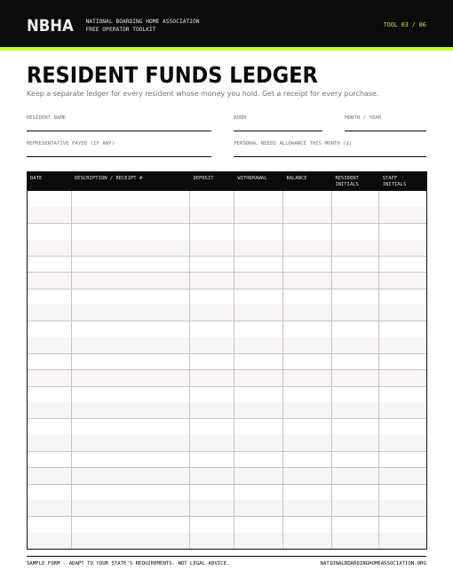 Preview of the Resident funds ledger form