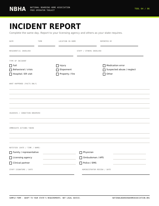 Preview of the Incident report form