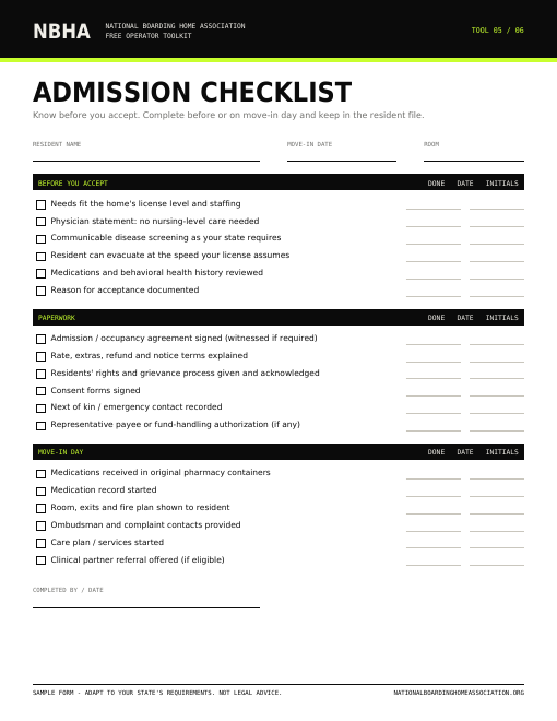 Preview of the Admission checklist form