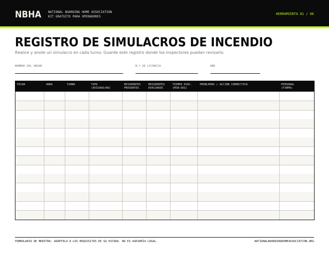Vista previa del formulario Registro de simulacros de incendio