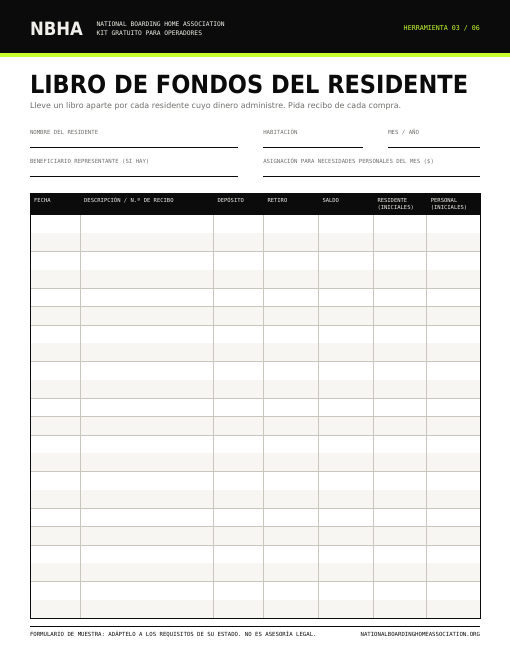 Vista previa del formulario Libro de fondos de residentes