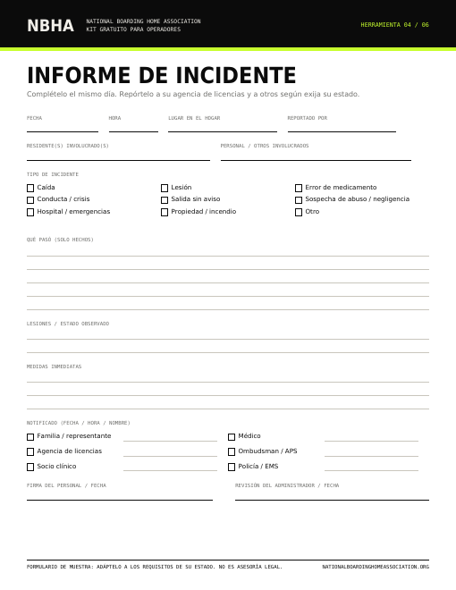 Vista previa del formulario Informe de incidentes
