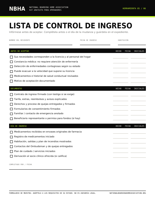 Vista previa del formulario Lista de verificación de ingreso
